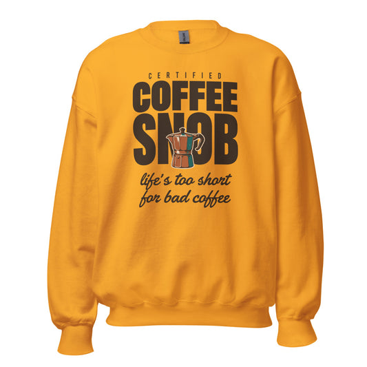 Certified Coffee Snob coffee crewneck sweatshirt — Gold, front