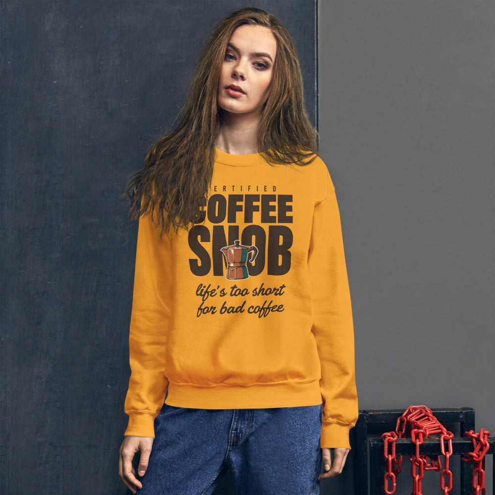 Certified Coffee Snob coffee crewneck sweatshirt — Gold, on model