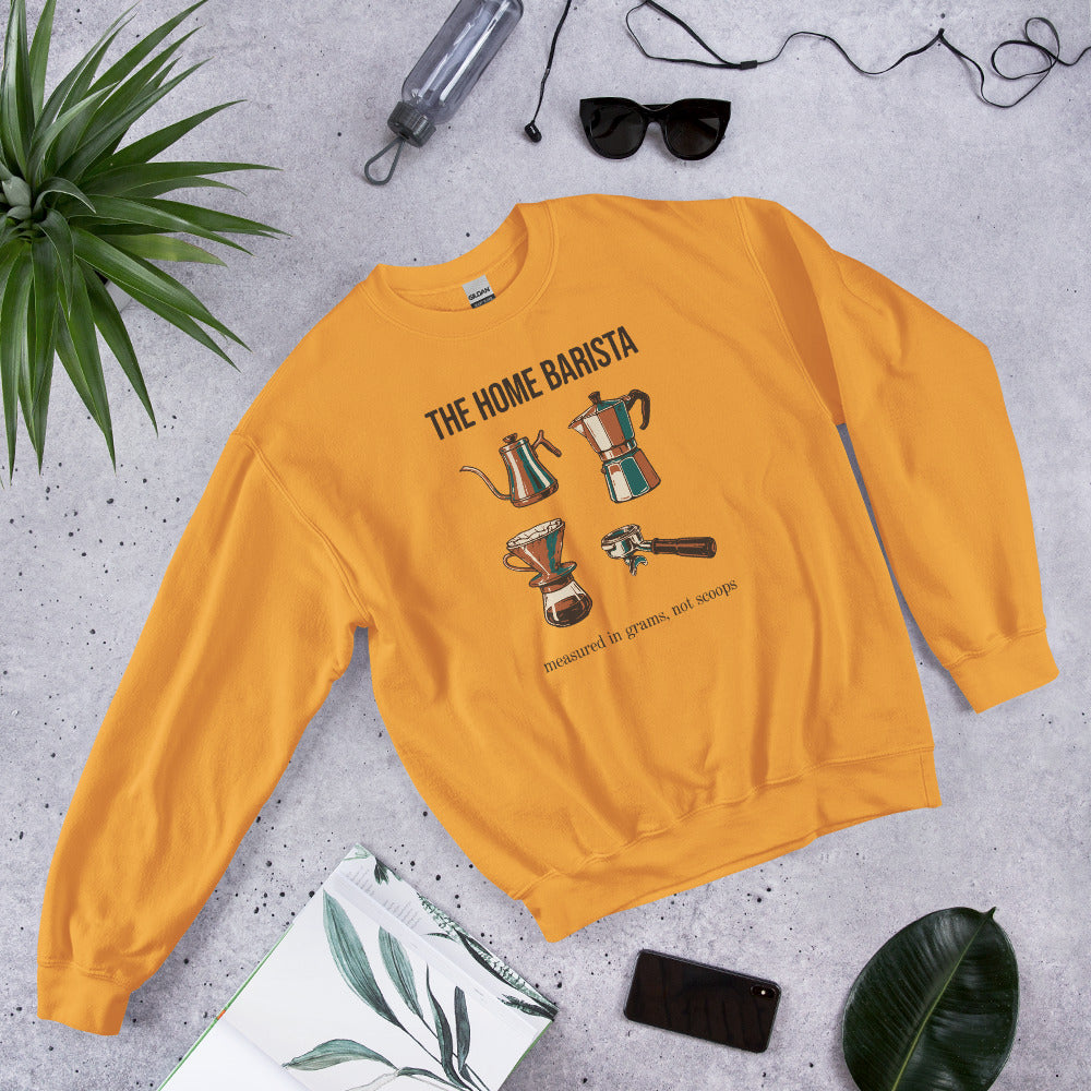The Home Barista specialty coffee crewneck sweatshirt — Gold, front-right