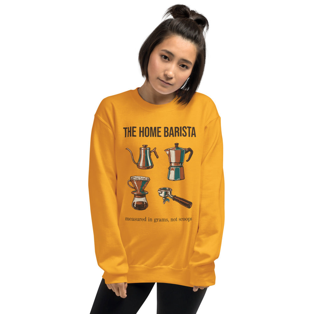 The Home Barista specialty coffee crewneck sweatshirt — Gold, on model