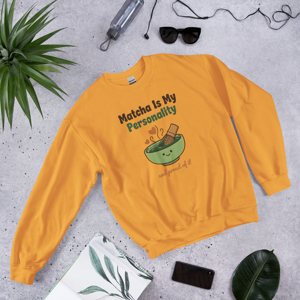 Matcha Is My Personality retro matcha crewneck sweatshirt — Gold, front-right