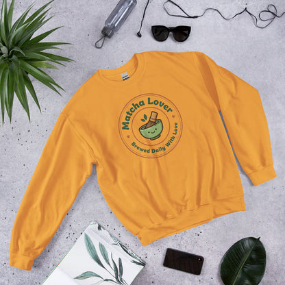 Matcha Lover retro café badge crewneck sweatshirt — Gold, front-right