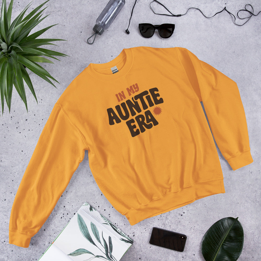 In My Auntie Era retro groovy aunt crewneck sweatshirt — Gold, front-right