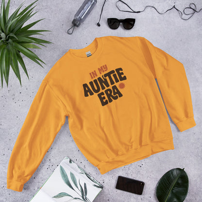 In My Auntie Era retro groovy aunt crewneck sweatshirt — Gold, front-right