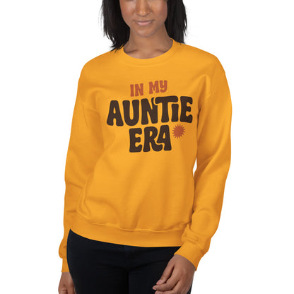 In My Auntie Era retro groovy aunt crewneck sweatshirt — Gold, on model