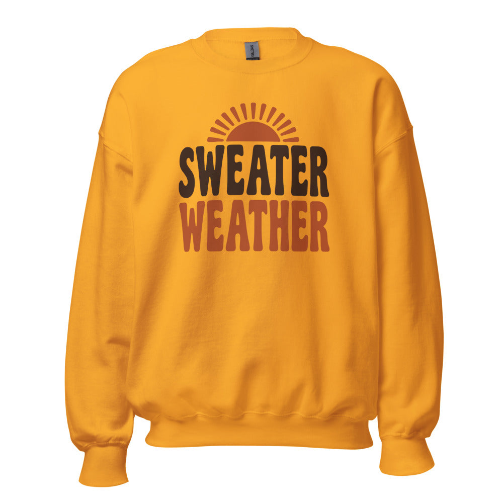 Sweater Weather retro 70s fall crewneck sweatshirt — Gold, front