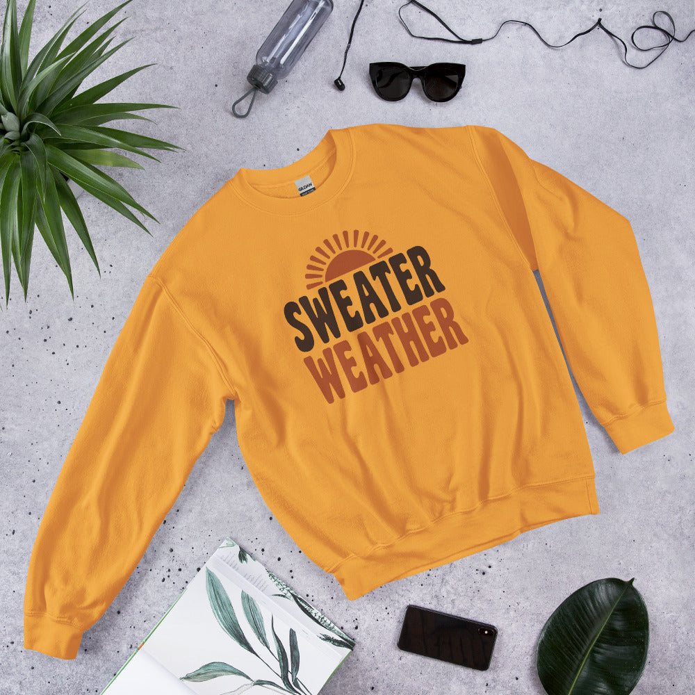 Sweater Weather retro 70s fall crewneck sweatshirt — Gold, front-right