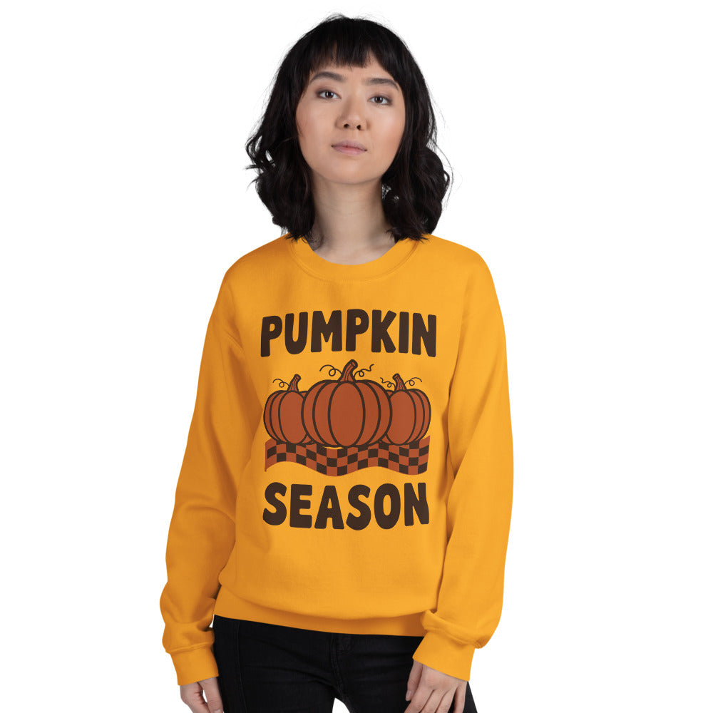 Pumpkin Season retro 70s fall crewneck sweatshirt — Gold, on model