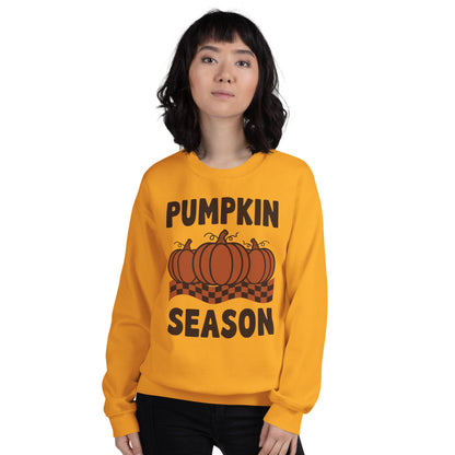 Pumpkin Season retro 70s fall crewneck sweatshirt — Gold, on model