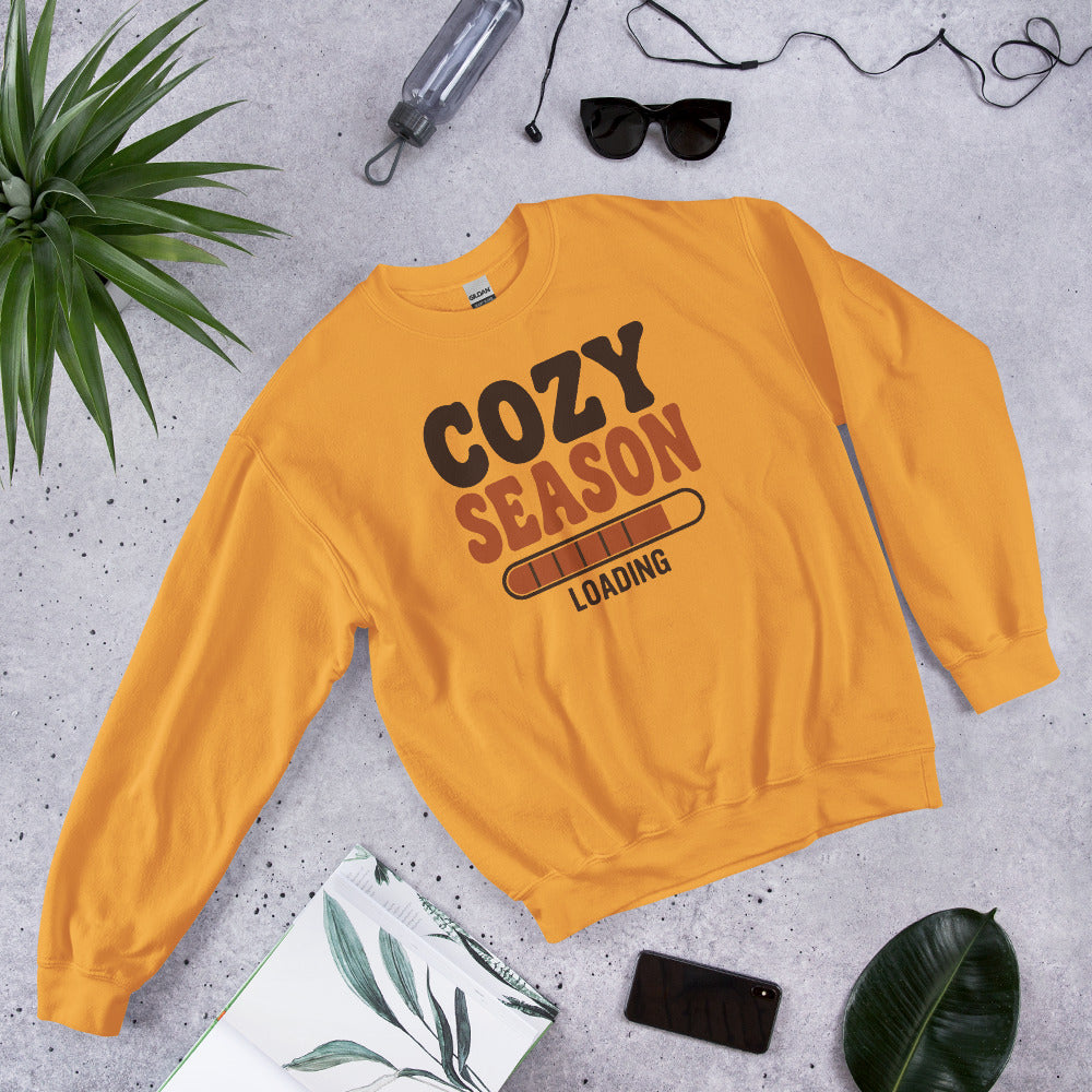 Cozy Season Loading retro 70s fall crewneck sweatshirt — Gold, front-right