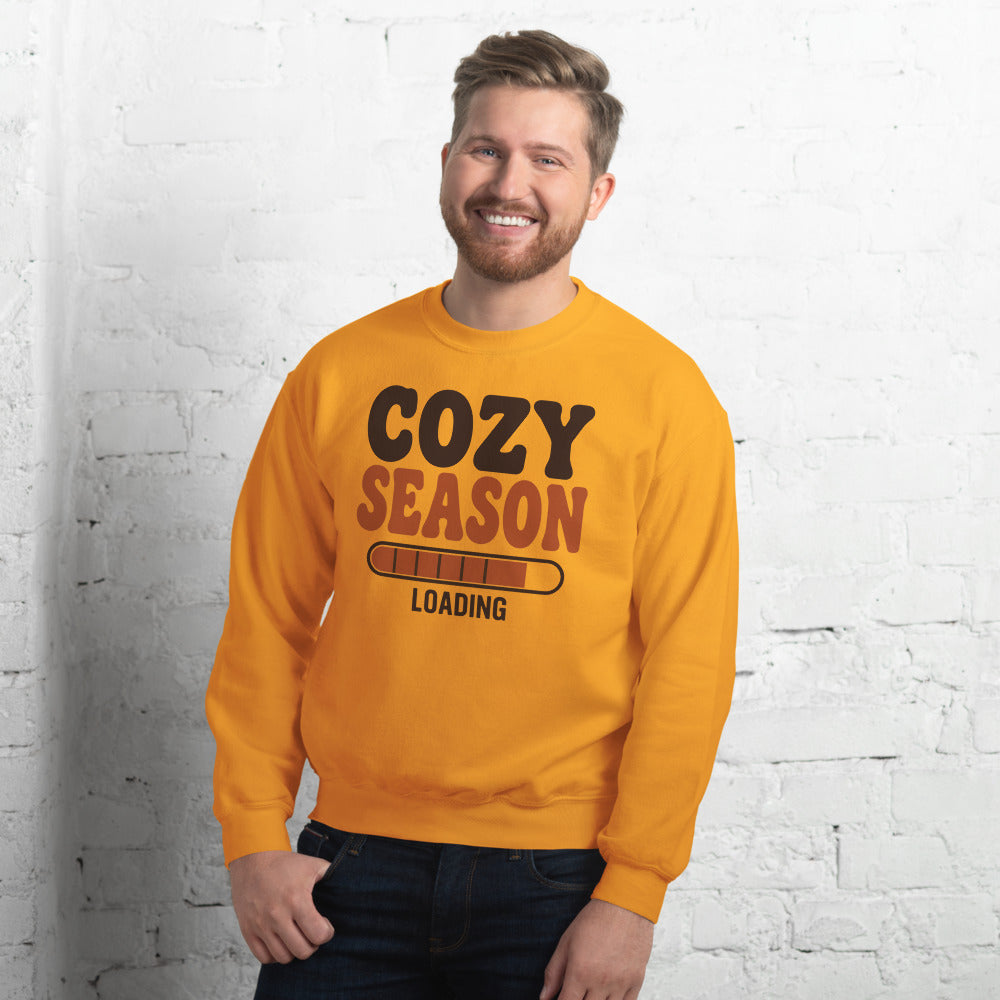 Cozy Season Loading retro 70s fall crewneck sweatshirt — Gold, on model