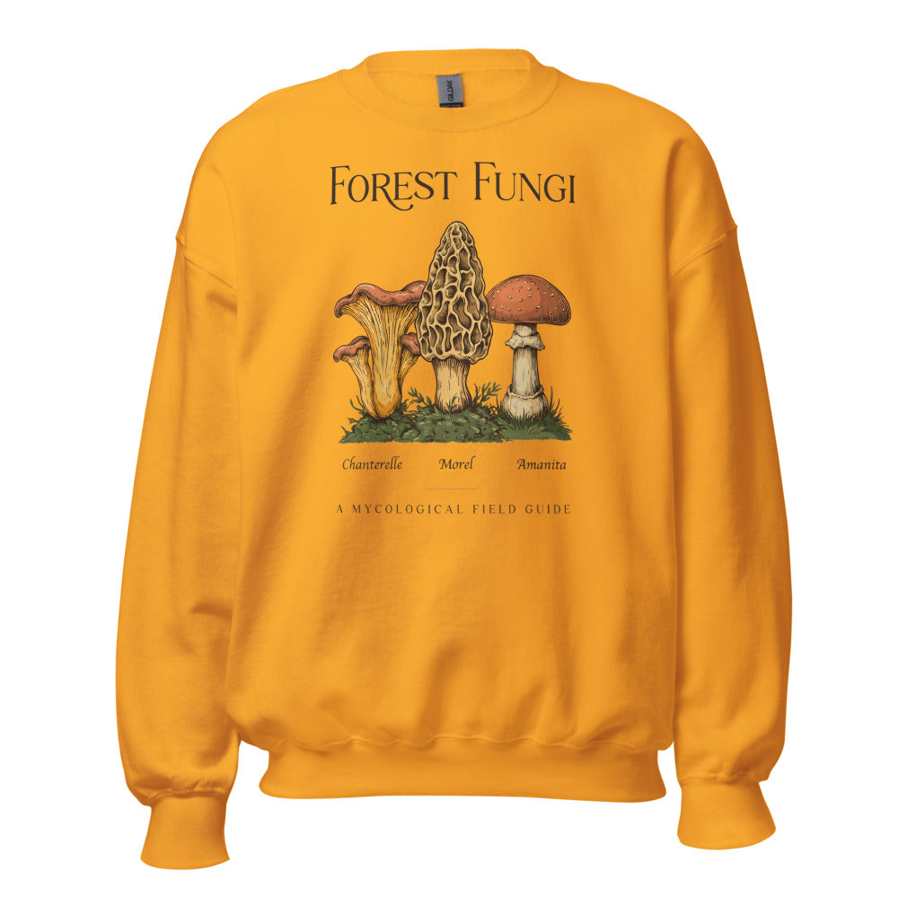 Forest Fungi vintage mushroom field guide crewneck — Gold, front