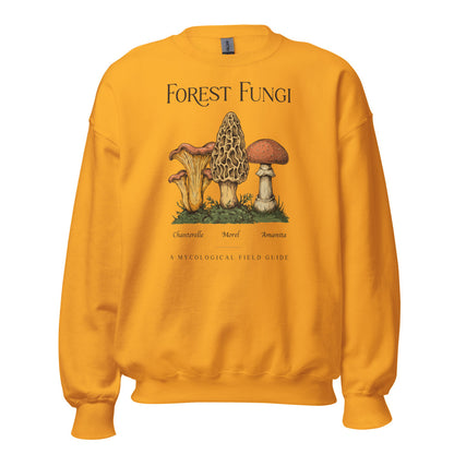 Forest Fungi vintage mushroom field guide crewneck — Gold, front