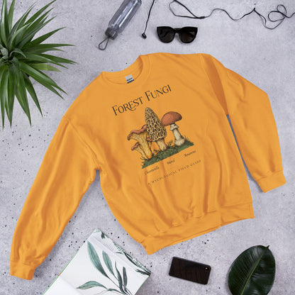 Forest Fungi vintage mushroom field guide crewneck — Gold, flat lay