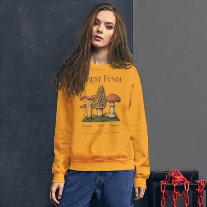 Forest Fungi vintage mushroom field guide crewneck — Gold, on model