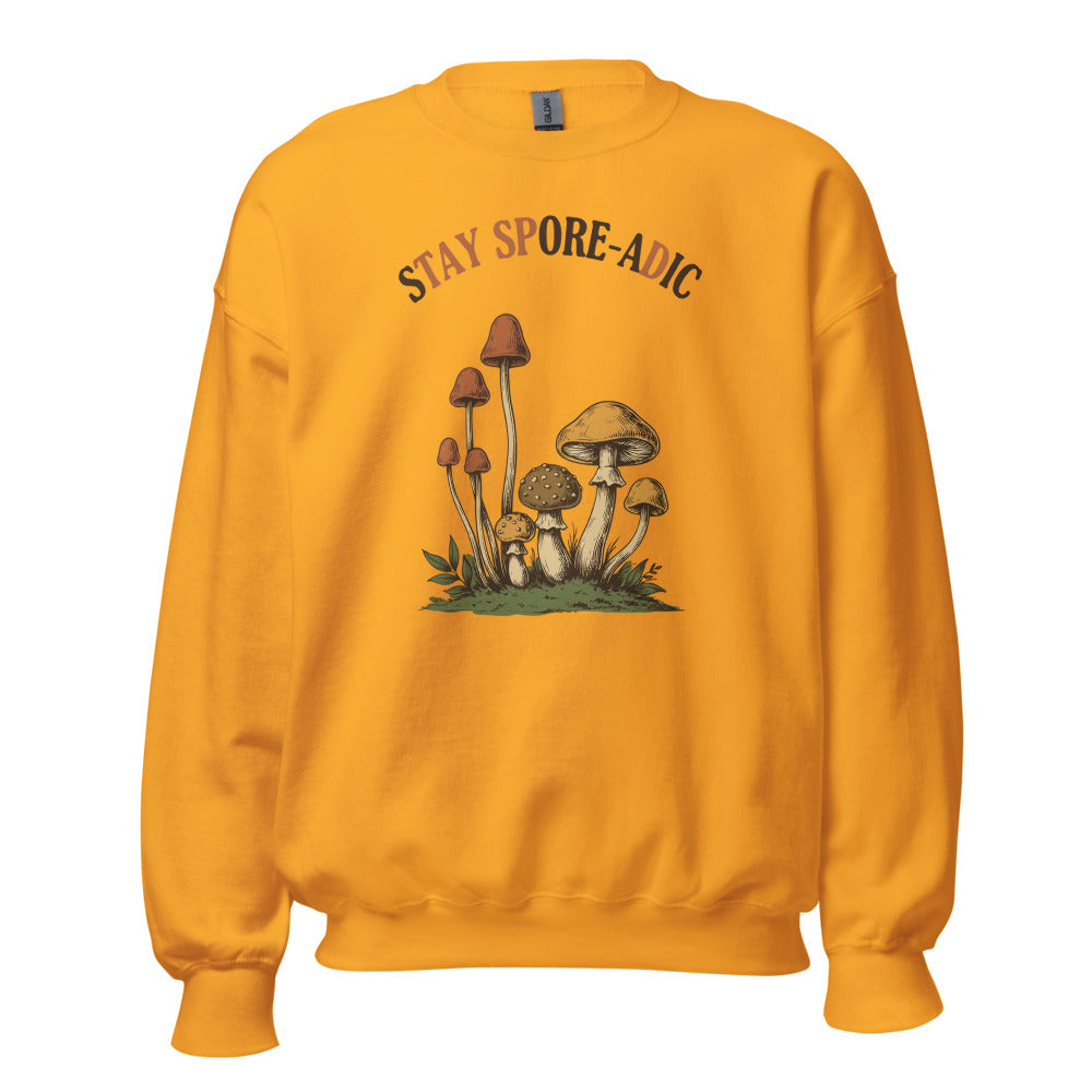 Stay Spore-adic funny vintage mushroom crewneck — Gold, front
