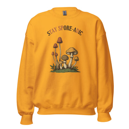 Stay Spore-adic funny vintage mushroom crewneck — Gold, front