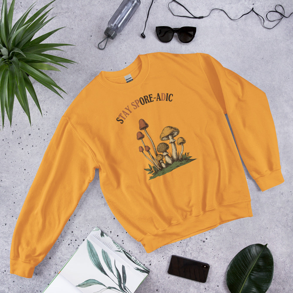 Stay Spore-adic funny vintage mushroom crewneck — Gold, flat lay