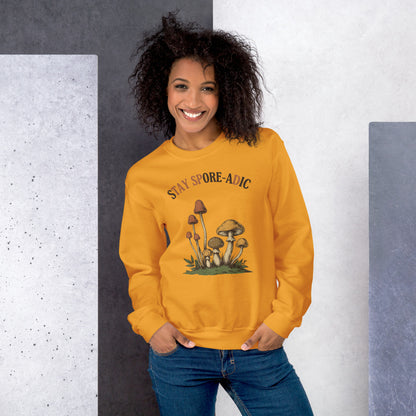 Stay Spore-adic funny vintage mushroom crewneck — Gold, on model