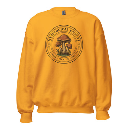 Mushroom Foraging Mycological Society vintage botanical crewneck — Gold, front
