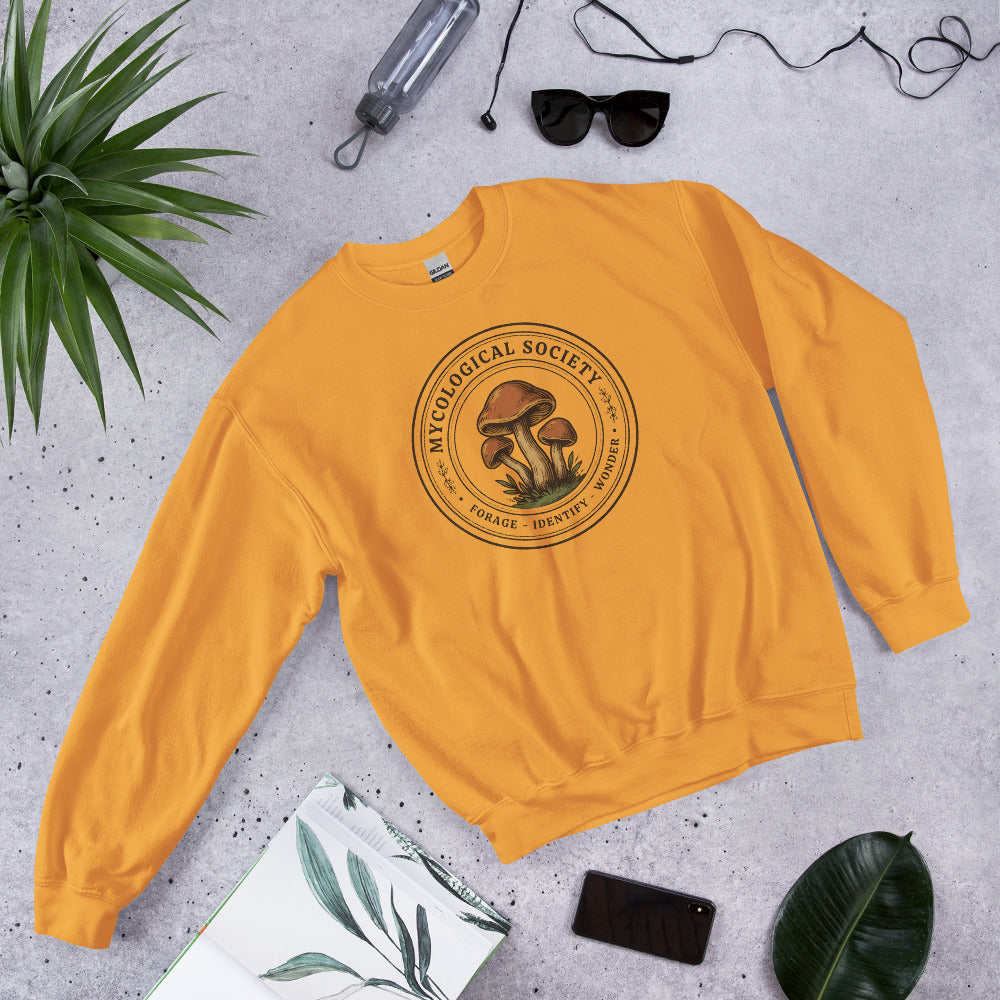 Mushroom Foraging Mycological Society vintage botanical crewneck — Gold, flat lay