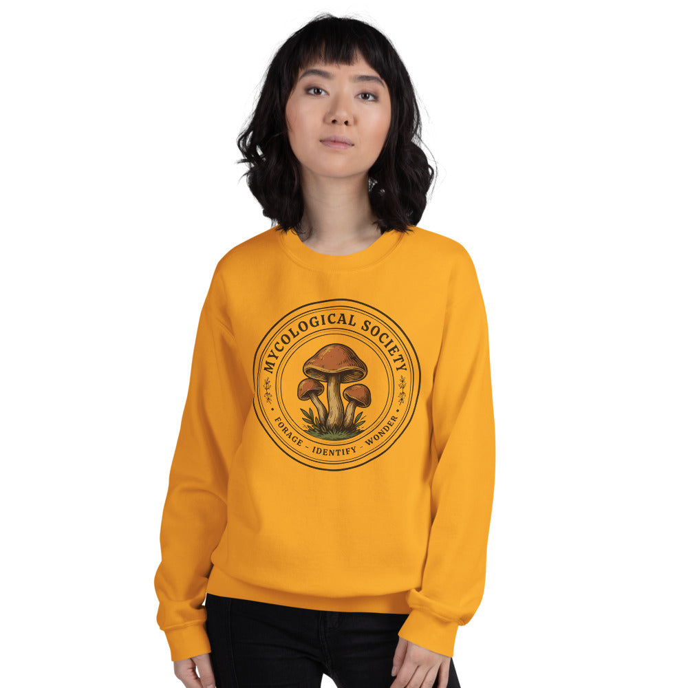 Mushroom Foraging Mycological Society vintage botanical crewneck — Gold, on model