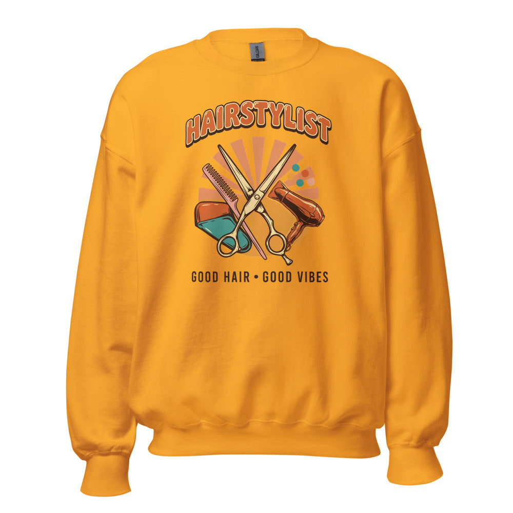 Retro Salon Hairstylist good hair good vibes crewneck — Gold, front