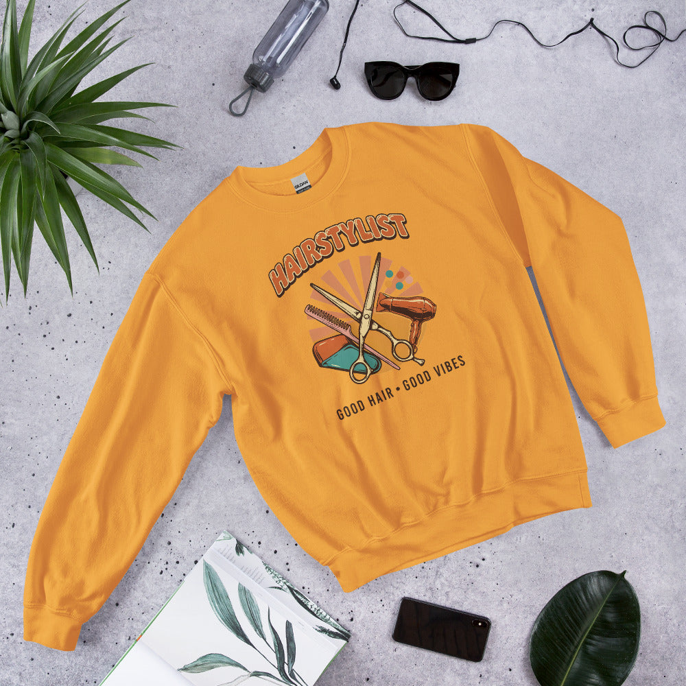 Retro Salon Hairstylist good hair good vibes crewneck — Gold, flat lay