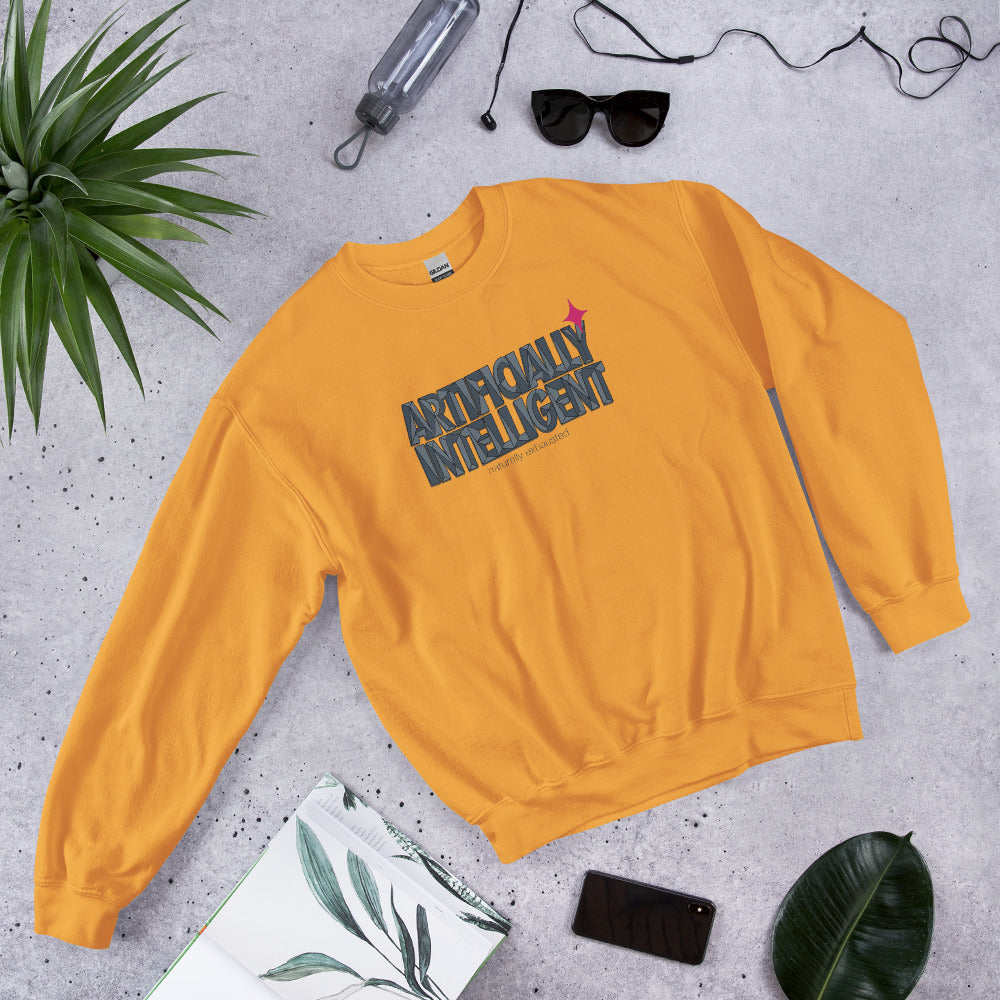 Artificially Intelligent funny AI crewneck sweatshirt — Gold, flat lay