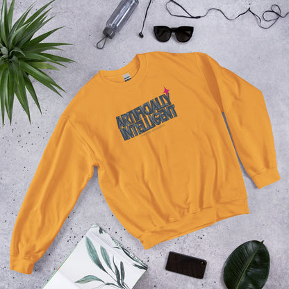 Artificially Intelligent funny AI crewneck sweatshirt — Gold, flat lay
