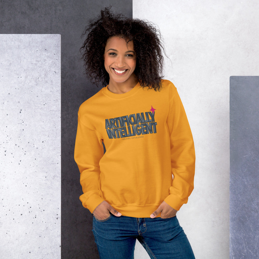 Artificially Intelligent funny AI crewneck sweatshirt — Gold, on model