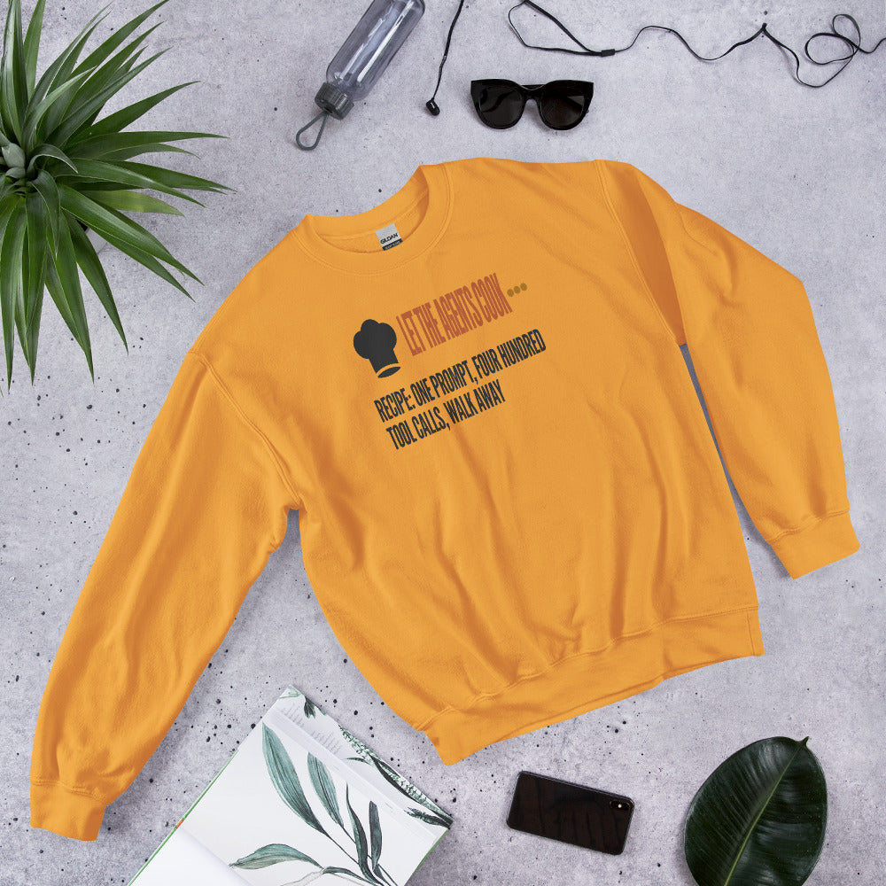 Let The Agents Cook crewneck sweatshirt — Gold, flat lay