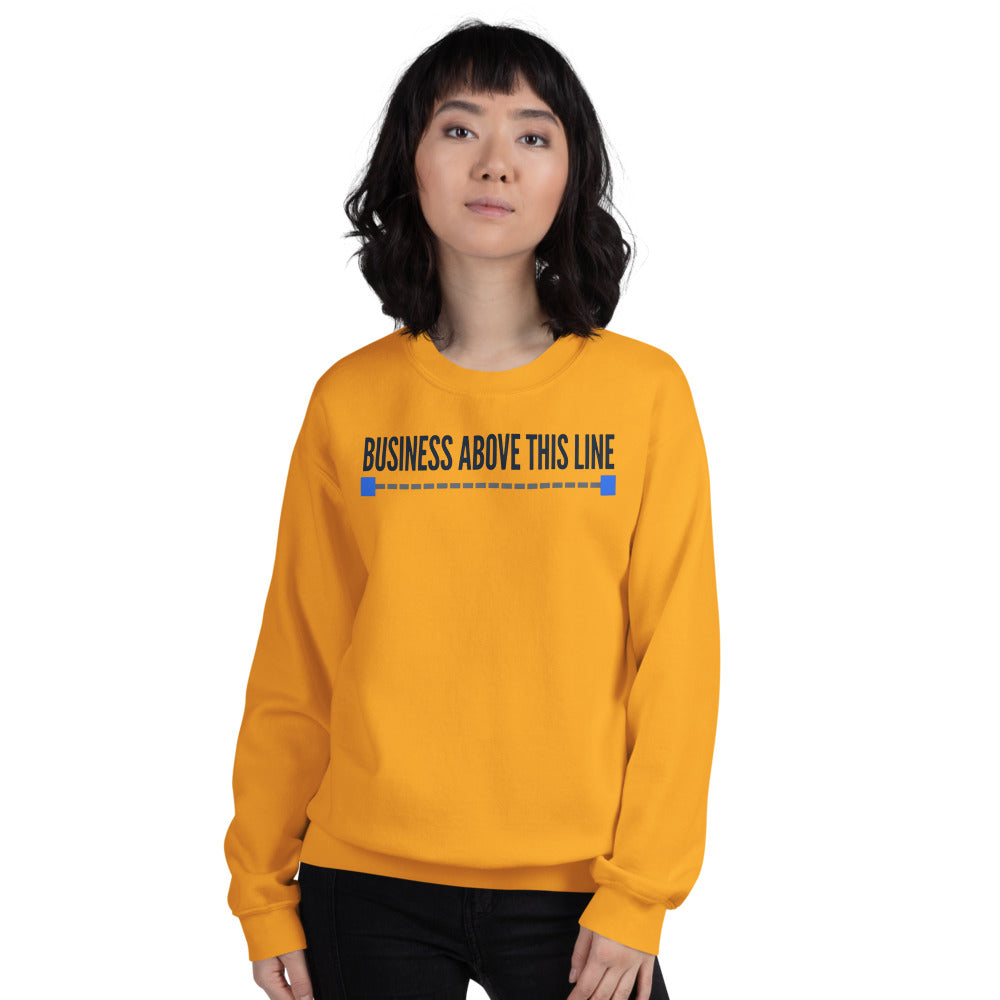 Business Above This Line crewneck sweatshirt — Gold, on model