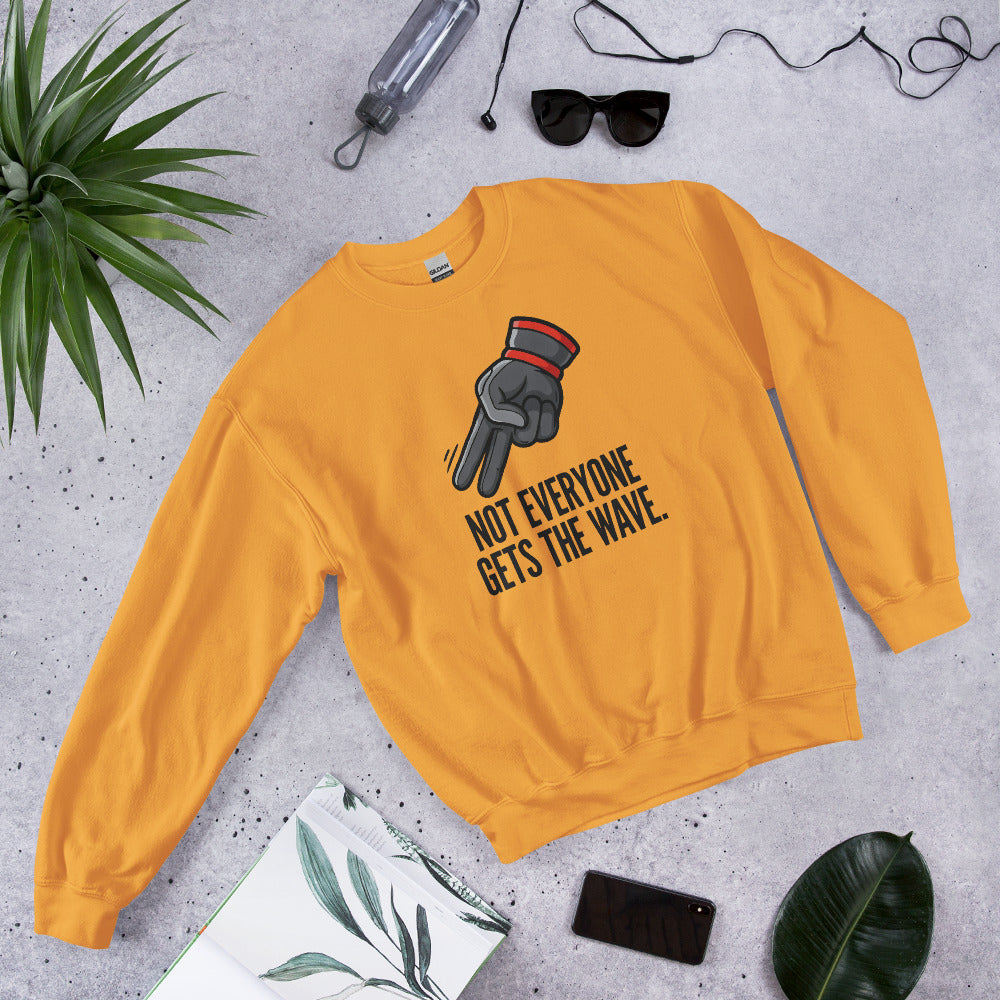 Not Everyone Gets The Wave biker wave motorcycle crewneck sweatshirt — Gold, flat lay