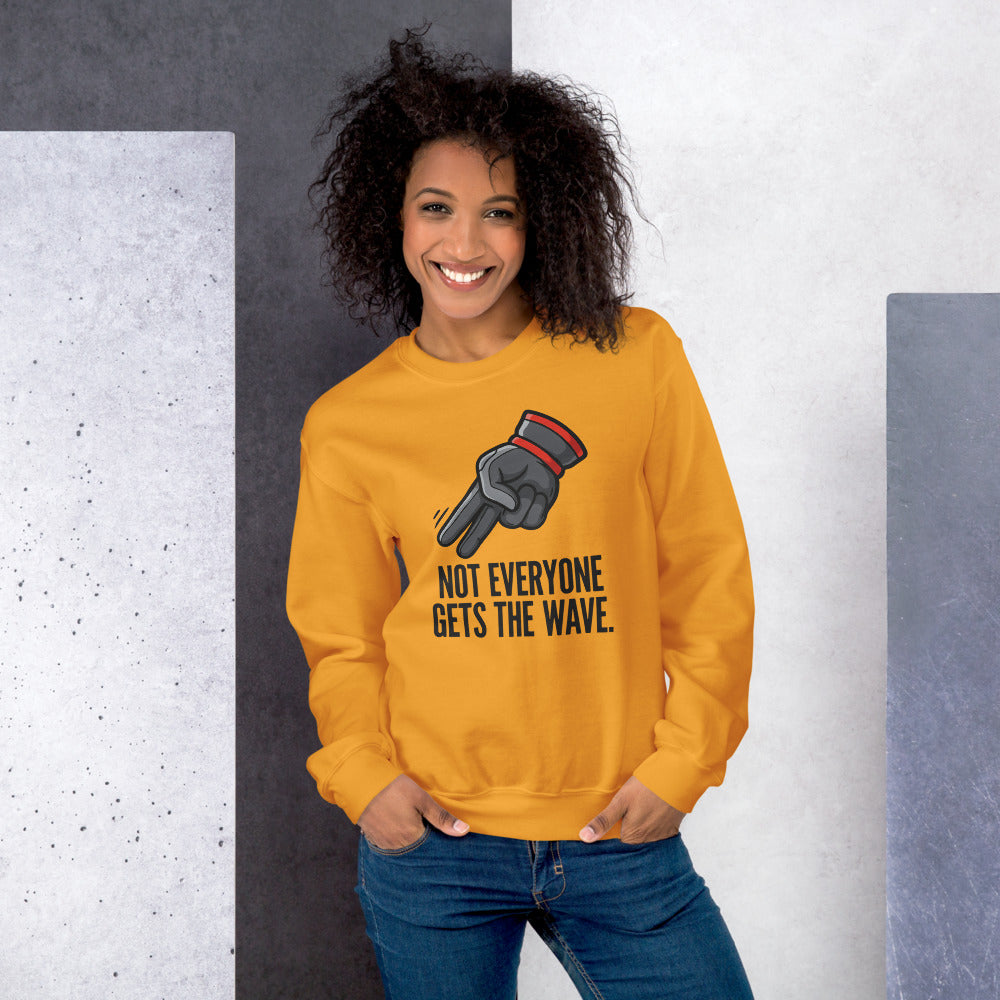 Not Everyone Gets The Wave biker wave motorcycle crewneck sweatshirt — Gold, on model