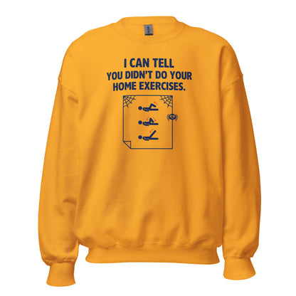 Home Exercises funny physical therapy crewneck sweatshirt — Gold, front