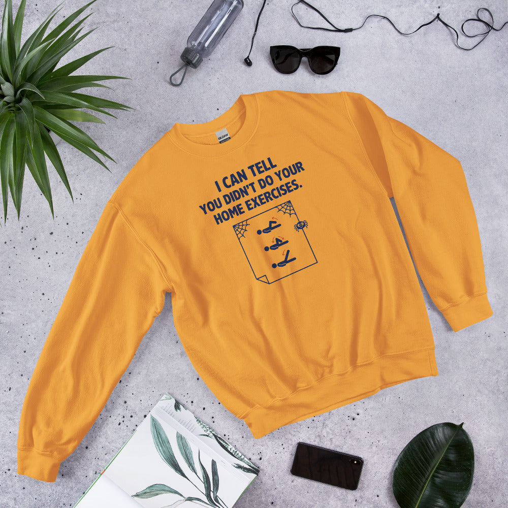Home Exercises funny physical therapy crewneck sweatshirt — Gold, flat lay