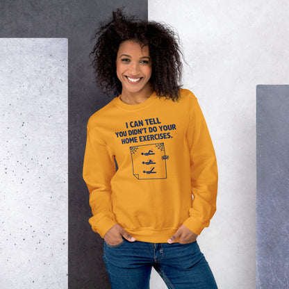 Home Exercises funny physical therapy crewneck sweatshirt — Gold, on model