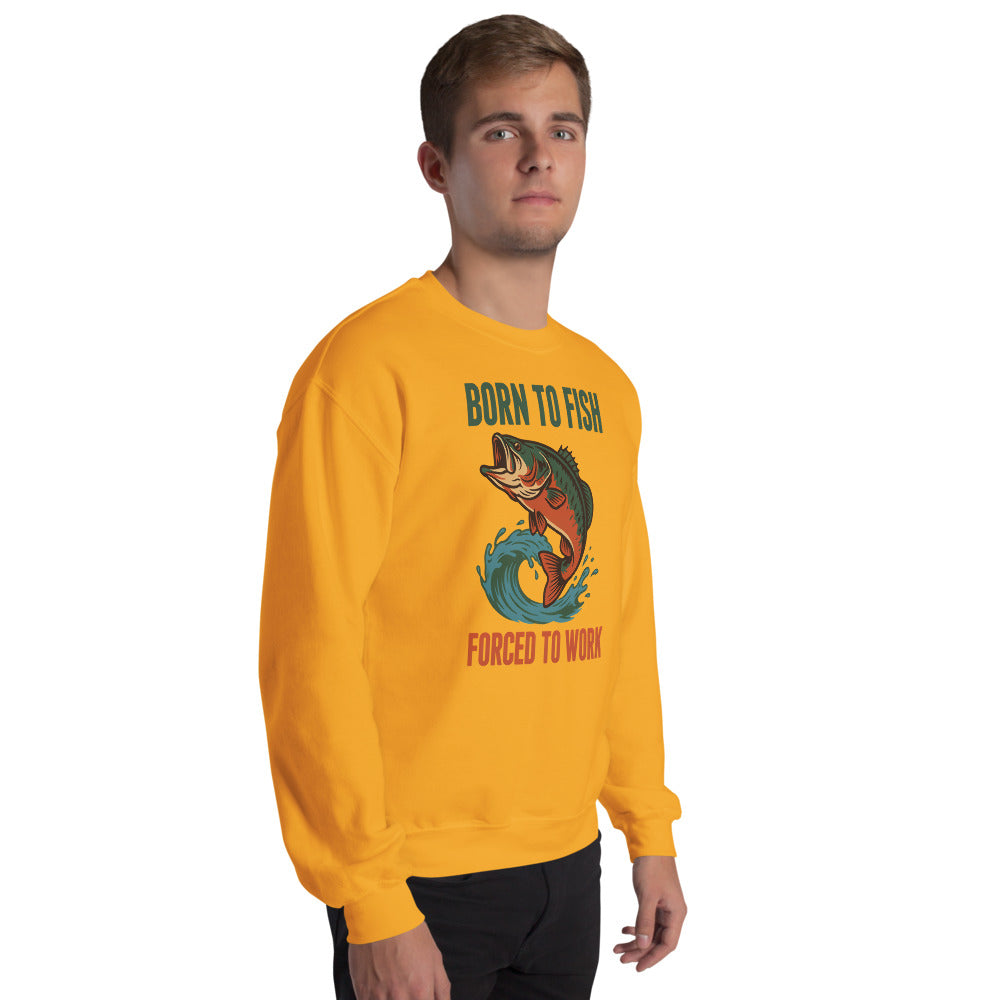 Born to Fish Forced to Work retro fishing humor crewneck sweatshirt — Gold, on model