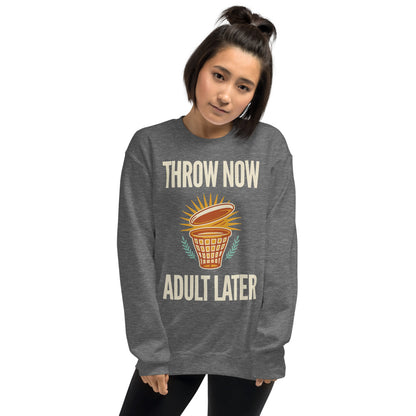 Throw Now Adult Later disc golf retro crewneck sweatshirt — Graphite Heather, on model