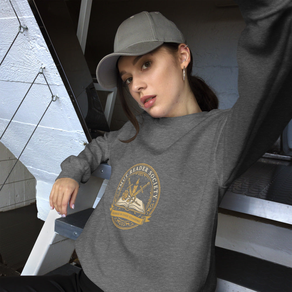Smut Reader Society book lover dark academia crewneck sweatshirt — Graphite Heather, on model