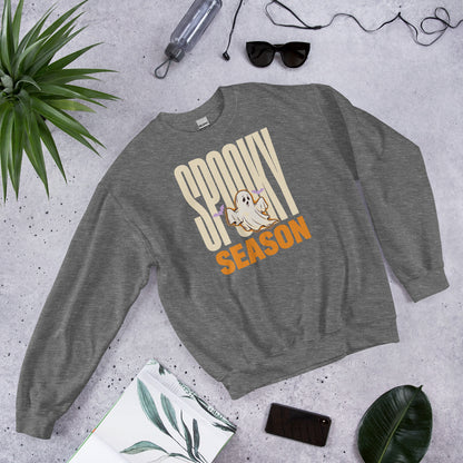 Spooky Season retro Halloween ghost typography crewneck sweatshirt — Graphite Heather, front angled