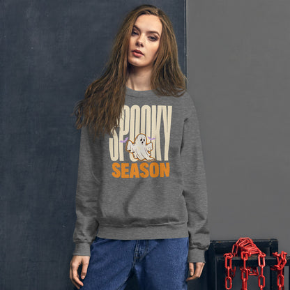Spooky Season retro Halloween ghost typography crewneck sweatshirt — Graphite Heather, on model