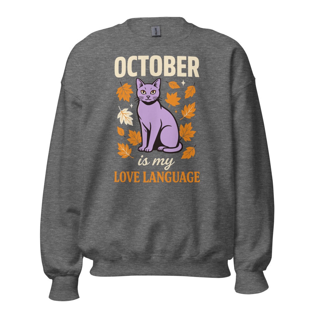 October Is My Love Language retro Halloween black cat crewneck sweatshirt — Graphite Heather, front
