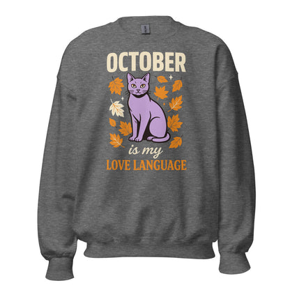 October Is My Love Language retro Halloween black cat crewneck sweatshirt — Graphite Heather, front