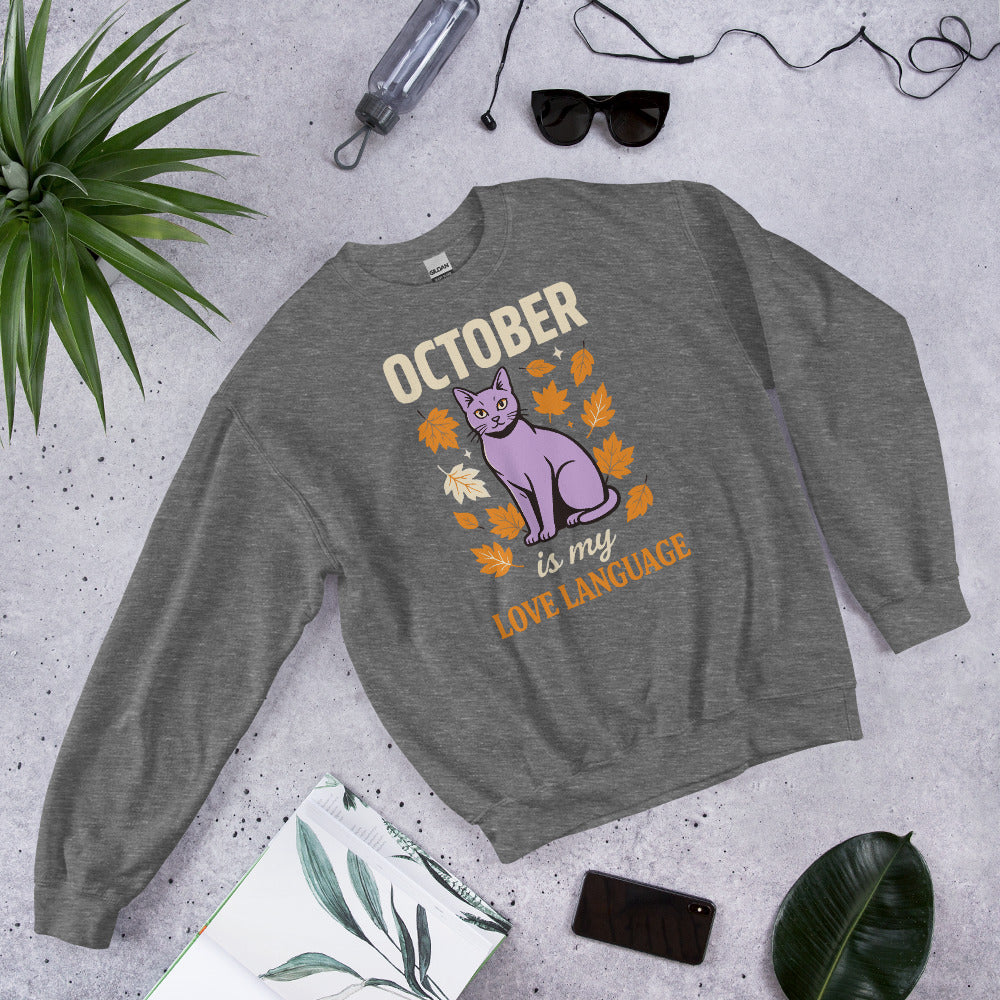 October Is My Love Language retro Halloween black cat crewneck sweatshirt — Graphite Heather, front view