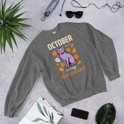 October Is My Love Language retro Halloween black cat crewneck sweatshirt — Graphite Heather, front view