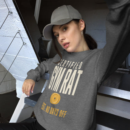Certified Gym Rat vintage athletic crewneck sweatshirt — Graphite Heather, on model