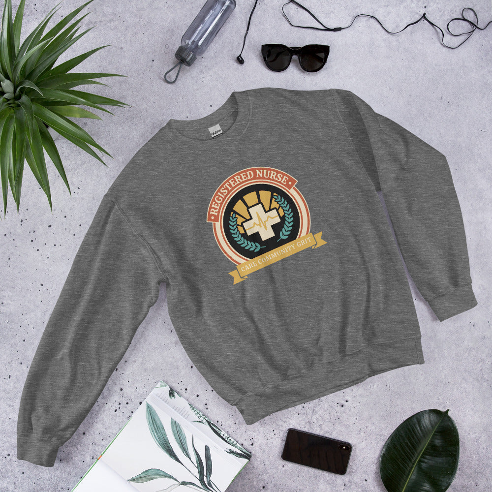 Registered Nurse vintage healthcare emblem badge crewneck sweatshirt — Graphite Heather, front-right