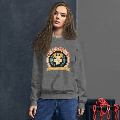Registered Nurse vintage healthcare emblem badge crewneck sweatshirt — Graphite Heather, on model